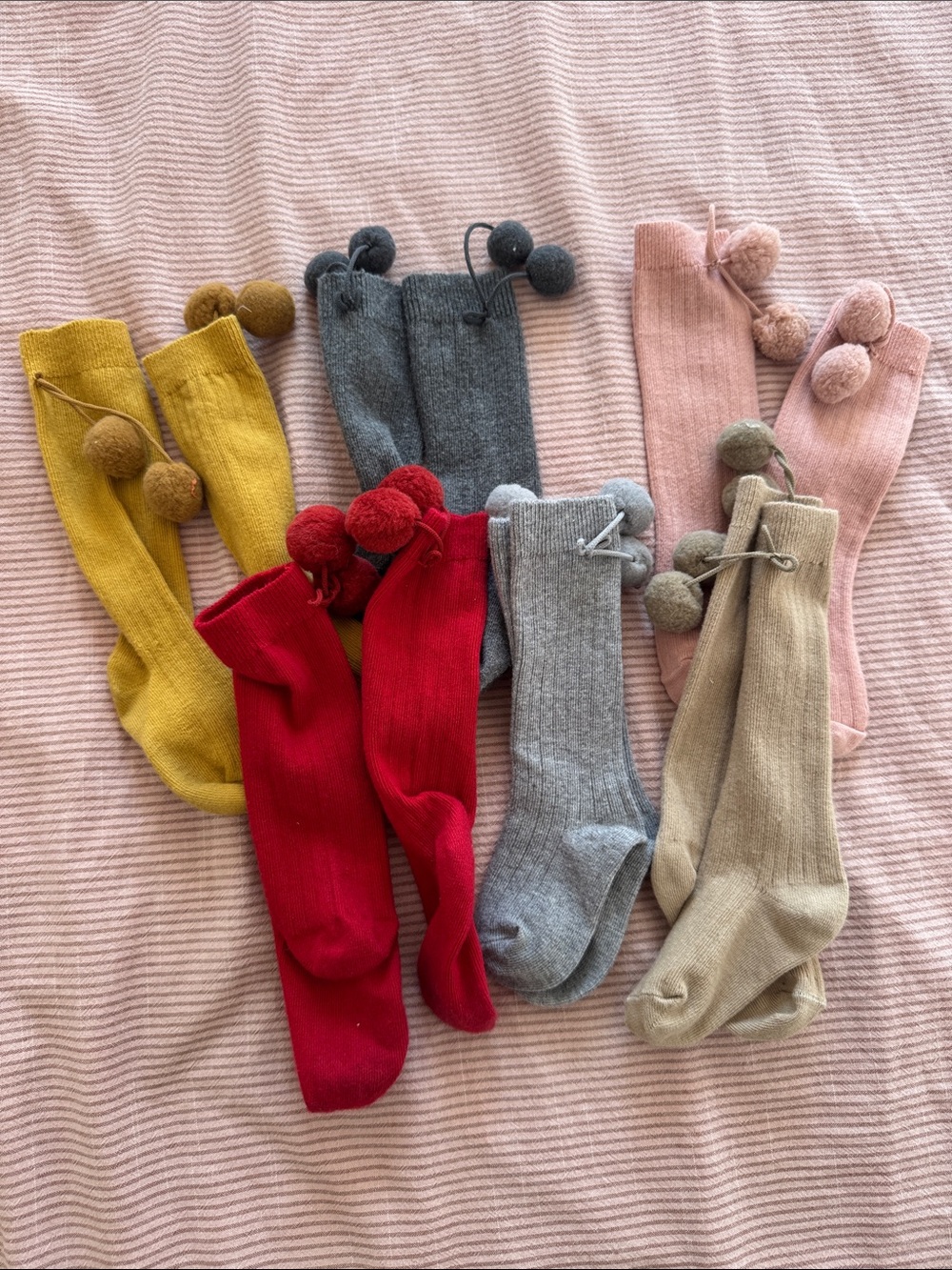 Babies Pom-Pom Knee High Socks - Red, Mustard, Gray, Pink, Beige - condor - 1/2y